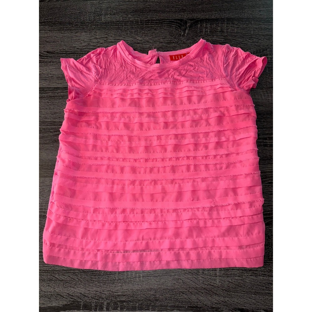 ELLE Womens Pink Tiered Ruffle Short Sleeve Blouse Keyhole Back Size L